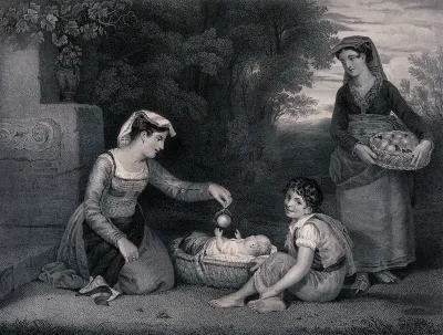 A young woman holds a basket of fruit while another dangles an orange for a baby in a crib to play with and a boy looks on