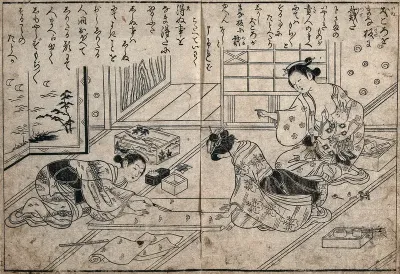 A young woman holds a piece of patterned cloth securely while another cuts it carefully with a knife; right, a woman breastfeeding a baby directs them