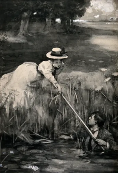 A young woman holds out a pole to the man standing in the river near the reeds