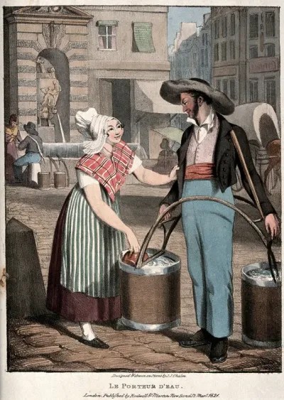 A young woman in Paris takes a jug of water from the water carrier's bucket