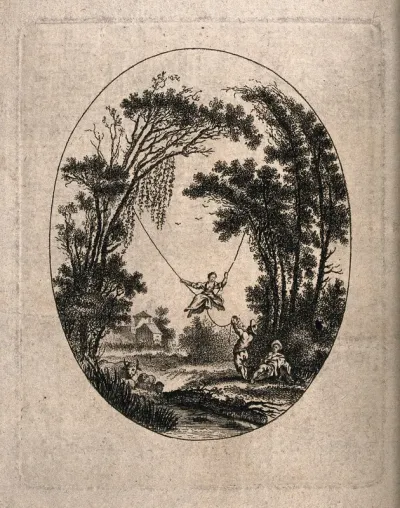 A young woman is being pushed on a rope swing strung between two trees, a companion sits on the ground beneath