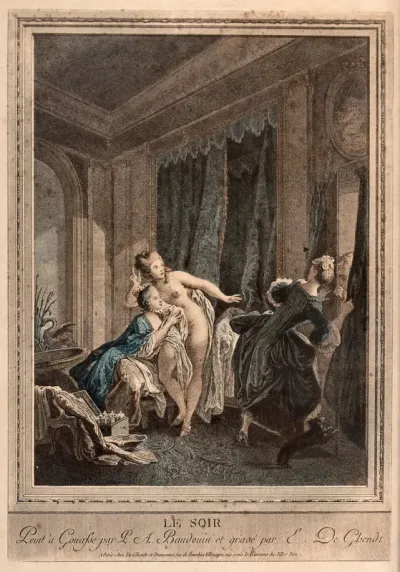 A young woman is disturbed at her evening toilette by a boy arriving at the door