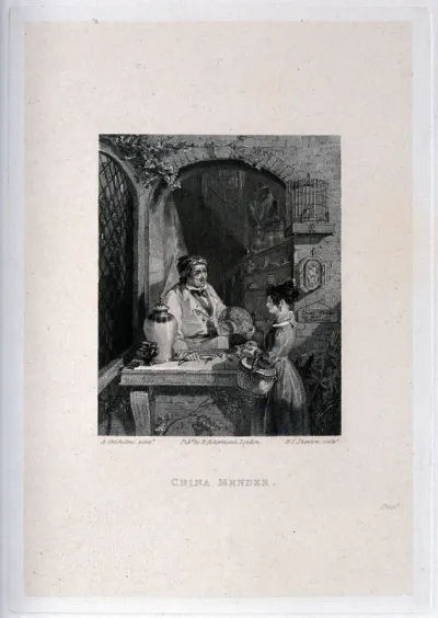 A young woman is holding a broken jug which she has brought to the man in a shop to mend