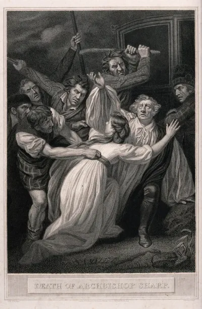 A young woman is restrained from helping Archbishop Sharp as highwaymen drag him out of his carriage