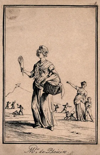 A young woman is selling wafer-cones from her basket