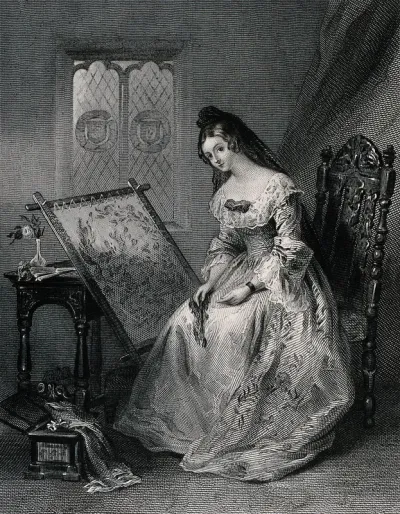 A young woman is sitting in a chair with a tapestry in a frame in front of her, trying to be distracted from the thought of her forced marriage