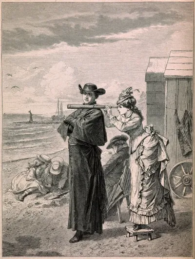 A young woman is standing on a beach looking out to sea through a telescope which she is resting on the shoulder of a Catholic priest