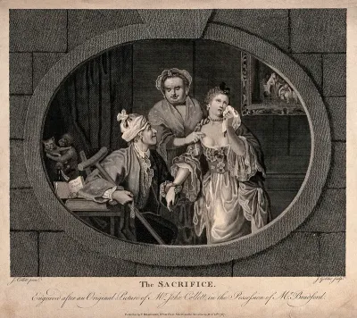 A young woman is weeping as she is being offered in marriage by her mother to a old, lame man