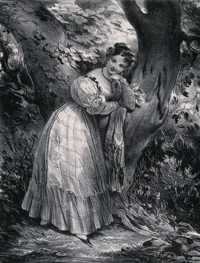 A young woman leans against a tree while she waits for her lover