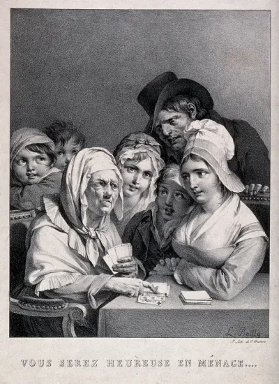 A young woman of humble origins, surrounded by children, is being told by a fortune teller that she will have a happy marriage