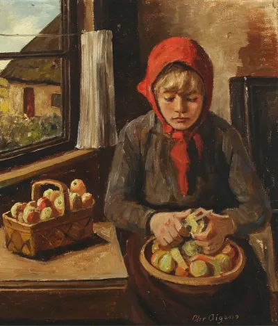 A young woman peeling apples.