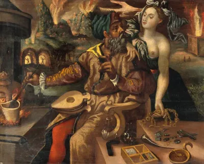 A young woman, perhaps Prudentia, warns an alchemist of the dangers of abusing fire: in the background fires rage in buildings and mines