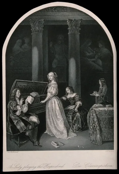 A young woman plays music as a man sings from a sheet, another woman listens and a child carries a glass on a tray