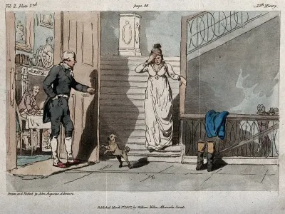 A young woman preceded by a lap-dog is coming down the stairs of a grand house; a man is standing by an open door; servant carrying a tray in the background