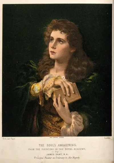 A young woman pressing a half-open book to her heart, her eyes raised upwards, as she undergoes a religious revelation
