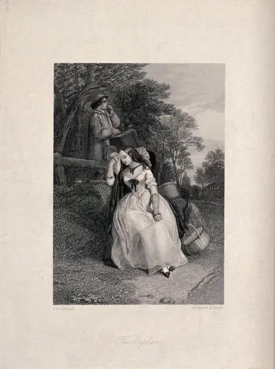 A young woman rests by the side of the road, her companion carries a case