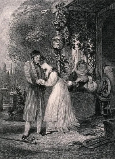 A young woman rushes to embrace her lover, knocking over her chair in her haste and they are watched tenderly by an older woman