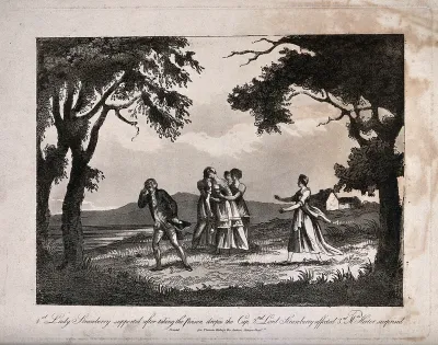 A young woman rushes to the aid of a woman (Lady Strawberry) fainting into the arms of servants after taking poison, with her distressed husband (Lord Strawberry) standing nearby