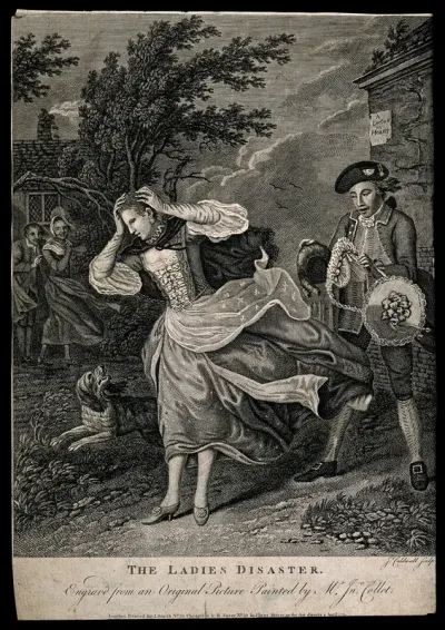 A young woman's wig and hat being swept away by a gust of wind; behind her a young man is laughing, to the left stand an amused couple