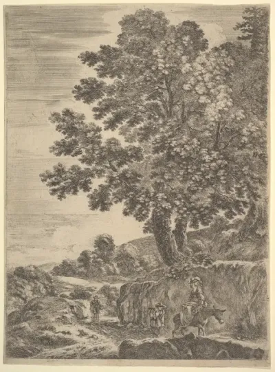 A young woman seated on a donkey wearing a hat, two men follow to left, a large tree above to right, from "Four large landscapes" (Quatre grands paysages en hauteur)