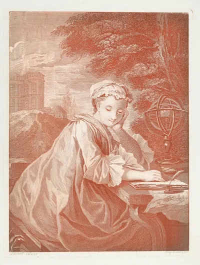 A young woman, seated outdoors, with an armillary sphere or similar instrument, looking pensive