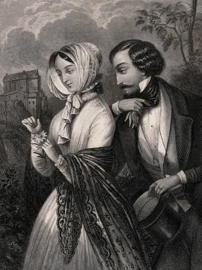A young woman seeks confirmation of her companion's love from the petals of a flower