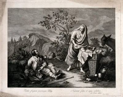 A young woman shows a shepherd a basket with a baby and lambs in it