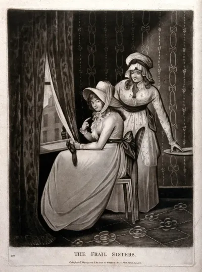 A young woman sits by a window with a squirrel on her lap and another woman stands behind the chair