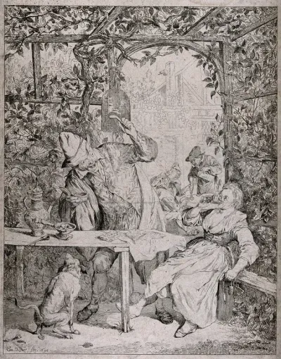 A young woman sits drinking in an arbor as a man prepares to smoke at the table beside her