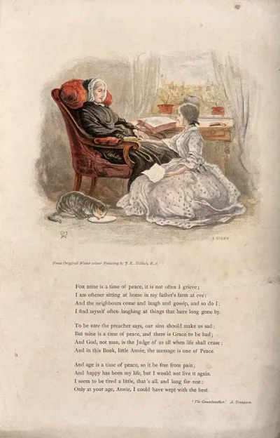 A young woman sits on the floor at the feet of her grandmother who has been reading from the Bible on the table nearby