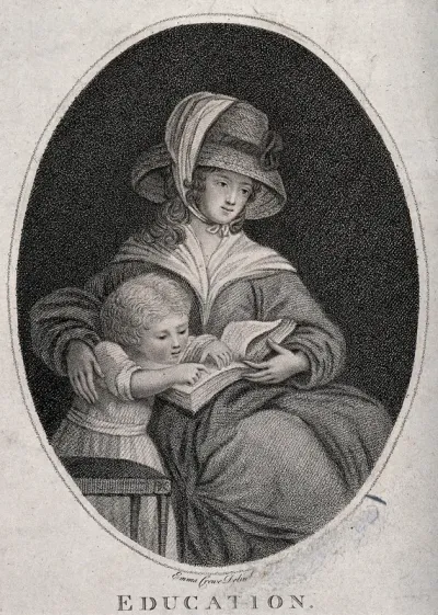 A young woman sits with a book on her knee and a child by her side