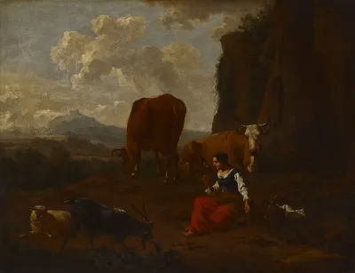 A young woman spinning wool with a distaff