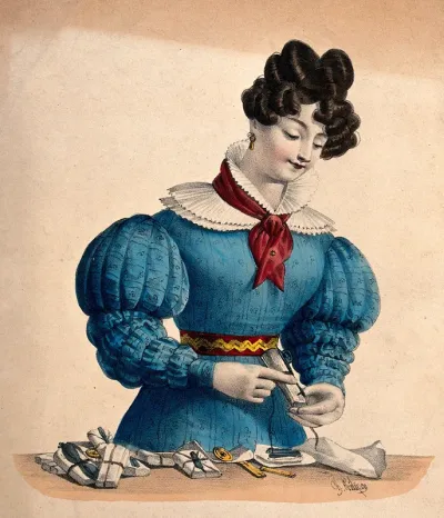 A young woman stands at a counter in Paris making packages of hardware goods
