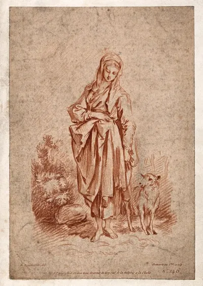 A young woman stands with a sheep by her side