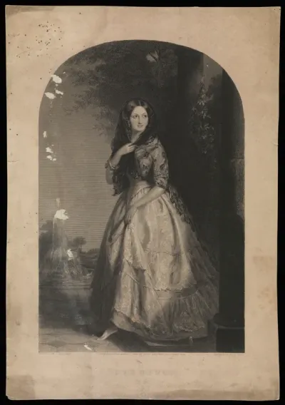 A young woman, stepping out from a colonnade into a park with a fountain; representing evening