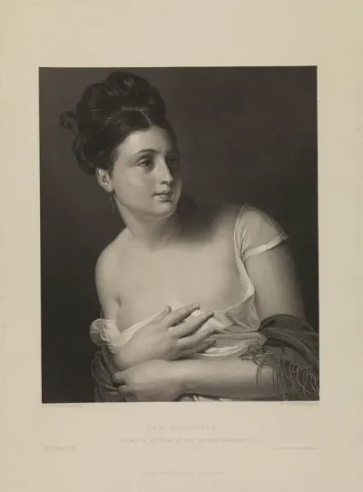 A young woman, taken by surprise, covers her breasts