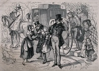 A young woman tends to a man who is looking ill, as people from the house climb into the carriage
