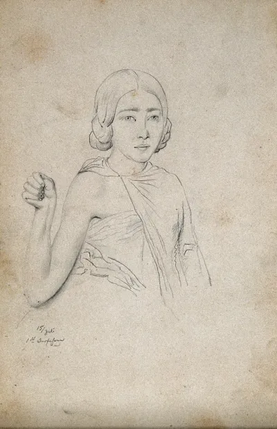 A young woman, viewed from the front who has her right shoulder exposed, and her right arm raised with a clenched fist