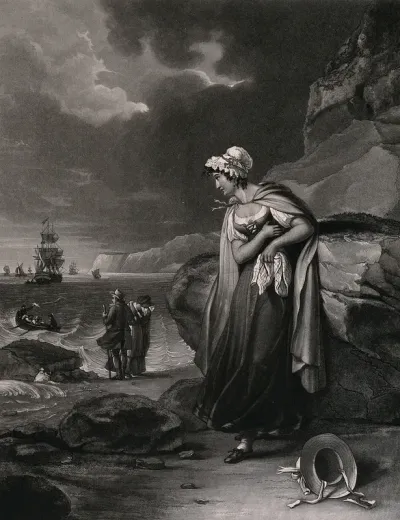 A young woman watching from a beach while a rowing boat carries a man, waving farewell, to a ship in the distance
