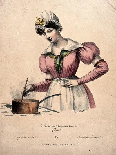 A young woman wearing a mob cap is stirring the contents of a saucepan on a stove