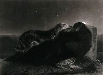 A young woman wearing a veil and black clothing mourning at a tombstone, with her dog attending on her