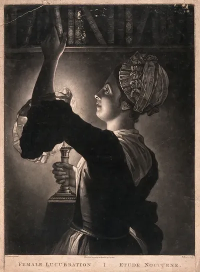 A young woman, wearing an apron and a cap, holding a lamp to light the shelf as she takes down a book
