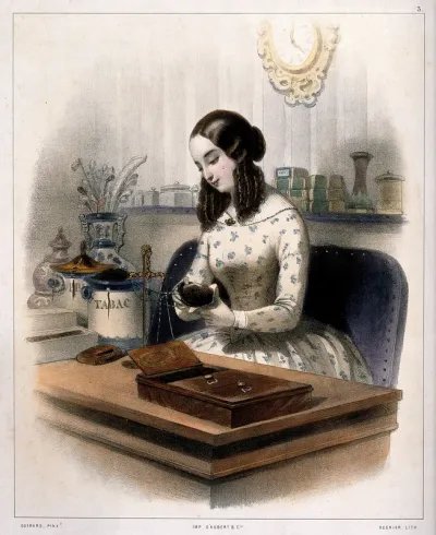A young woman weighs out tobacco on a shop counter