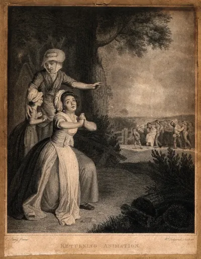 A young woman with folded hands giving thanks to heaven, an older woman points to a crowd carrying a young man wrapped in a blanket