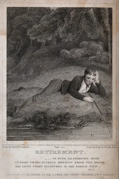 A youth idling by a brook, representing restful withdrawal from the world