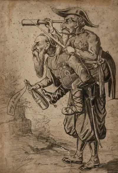 A Zouave soldier, holding a poison bottle, is carrying on his back Napoleon III, Emperor of the French, who is looking through a telescope