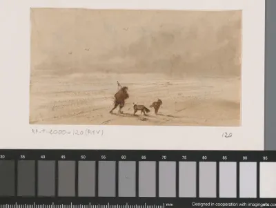 Aan het strand, wandelaar met twee honden