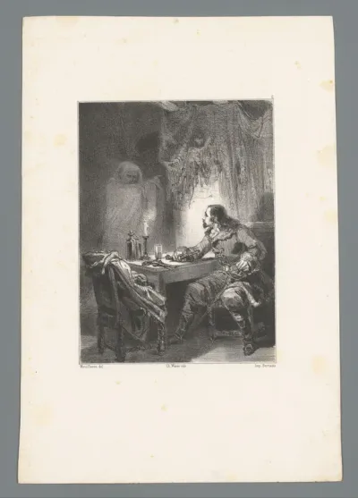 Aan tafel zittende man met pistool ziet geest
