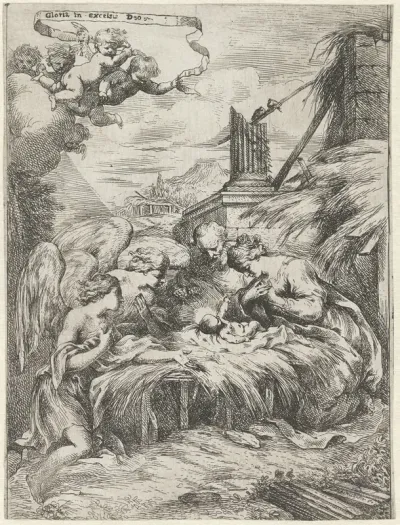 Aanbidding door Maria, Jozef en engelen