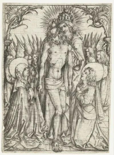 Aanbidding van de Heilige Drieëenheid door Maria, Johannes de Evangelist en engelen